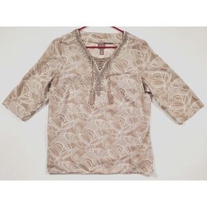 Chicos Floral Top Swirl Embellished Size 2 Lace-Up Beige with Drawstring Tassels